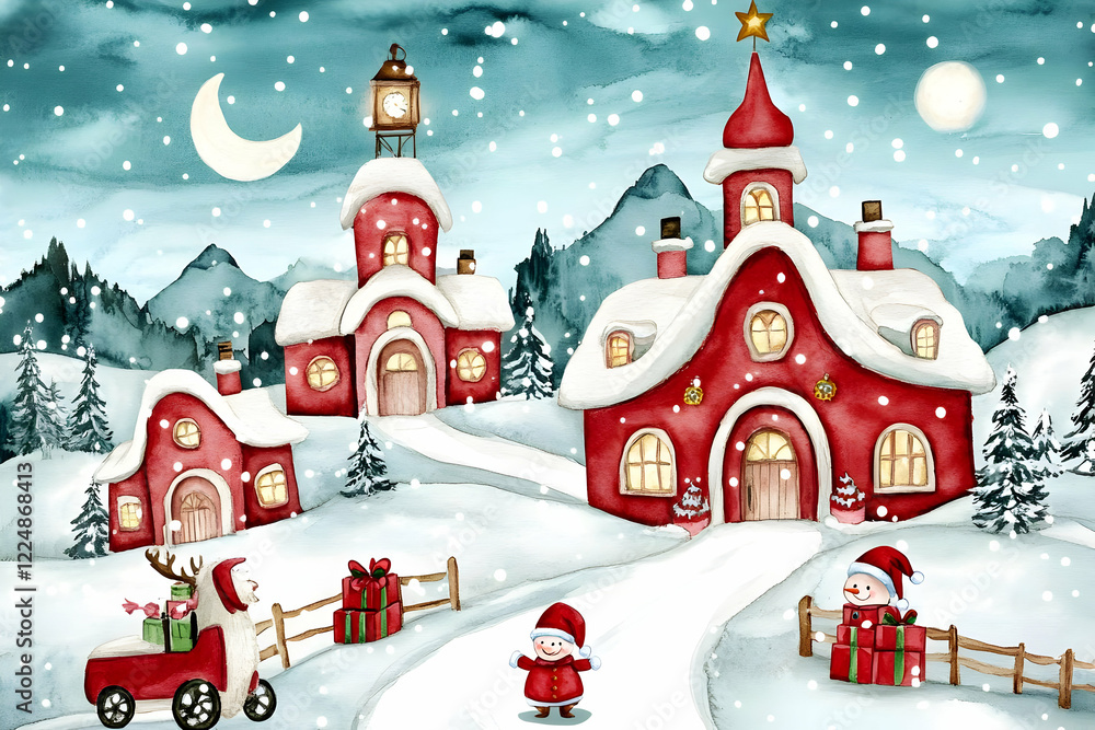 Fototapeta premium Whimsical Christmas Village Scene Shows Cozy Red Houses, Snowy Landscape with Festive Characters Beautifully