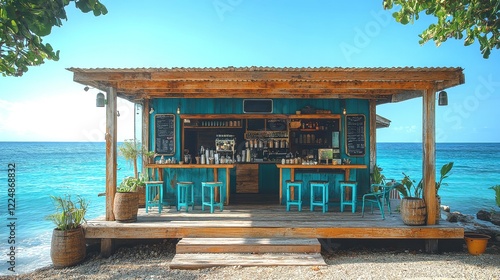 Charming coffee kiosk by the shimmering ocean with reclaimed wood and turquoise decor photo