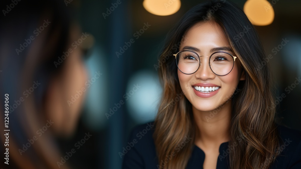 Smiling Young Woman with Glasses Engaging in Conversation in a Modern Indoor Setting, Radiating Confidence and Positive Energy Smiling Young Woman with Glasses Engaging in Conversation in a Modern Indoor Setting, Radiating Confidence and Positive Energy
