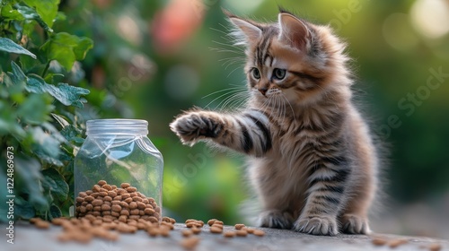 Maine Coon kitten playfully swipes at spilled kibble in soft green background photo