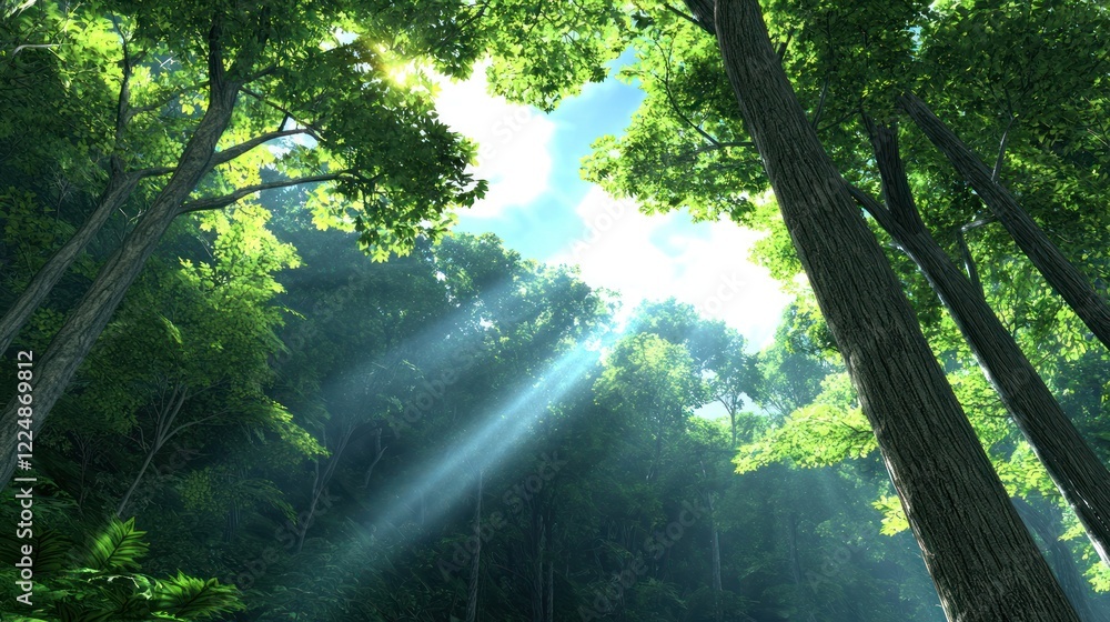 Obraz premium Sunbeams through Forest Canopy
