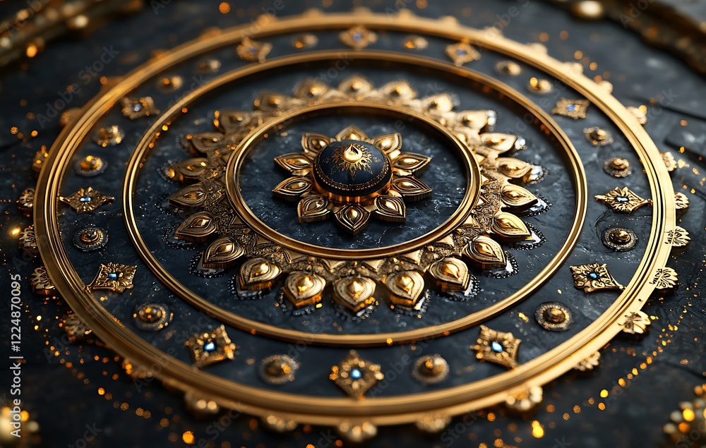 Obraz premium Intricate Golden Mandala Design on Dark Background with Ornate Textures and Patterns