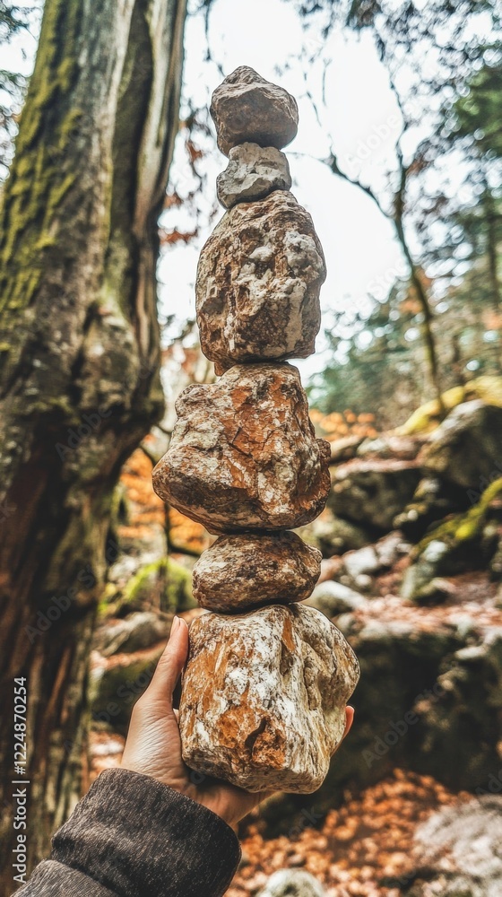 Hand holds perfectly balanced stack of rocks in a serene forest setting during autumn Hand holds perfectly balanced stack of rocks in a serene forest setting during autumn