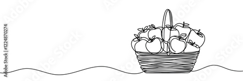 Apples in basket linear background. Hand drawn harvest of apples. Vector illustration.