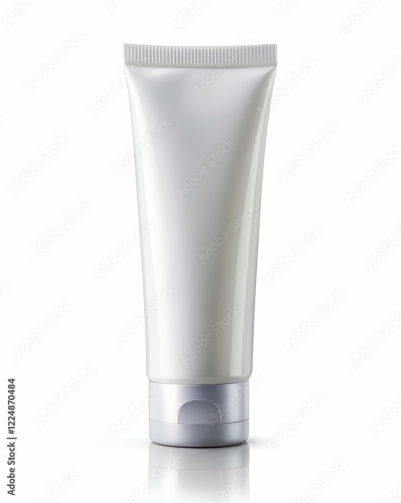 A sleek, white cosmetic tube designed for creams or lotions, featuring a transparent base and a screw-top lid. A sleek, white cosmetic tube designed for creams or lotions, featuring a transparent base and a screw-top lid.