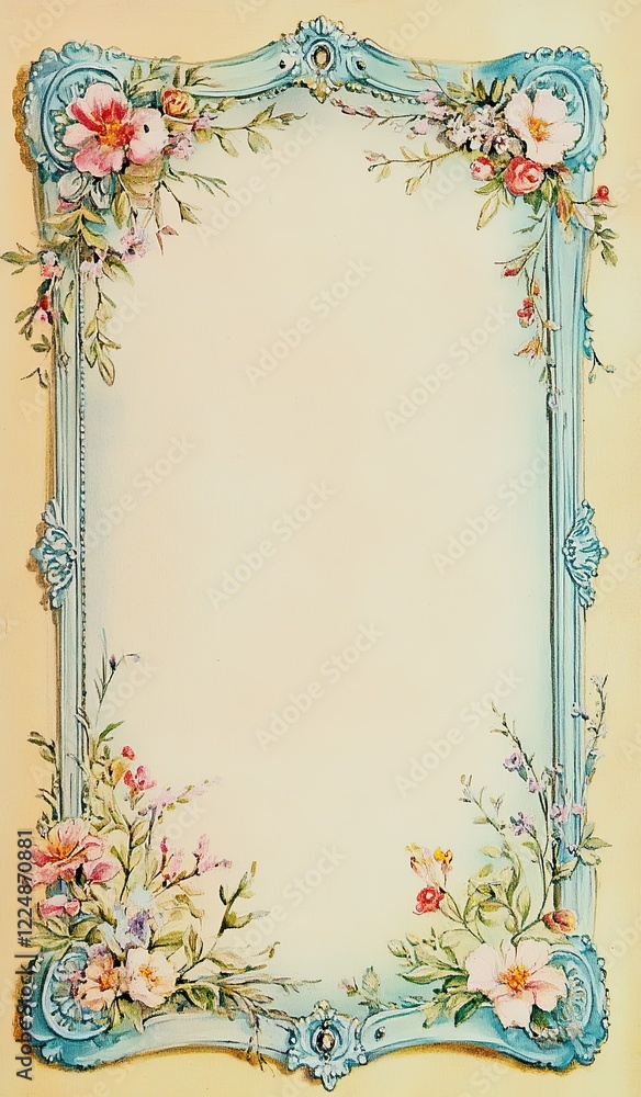 Obraz premium Watercolor painting with a light blue frame, featuring roses and swirls around the edges of an antique writing paper background
