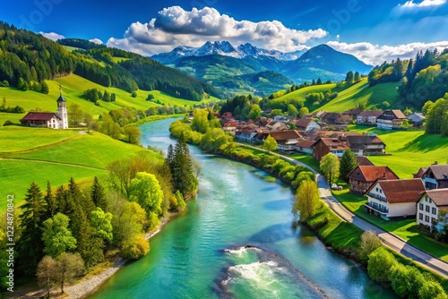 Panoramic View of the Thur River in Alt St. Johann, Switzerland photo