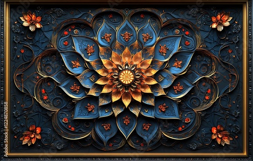 Ornate Mandala Art with Intricate Blue and Orange Flower Patterns on Dark Background

