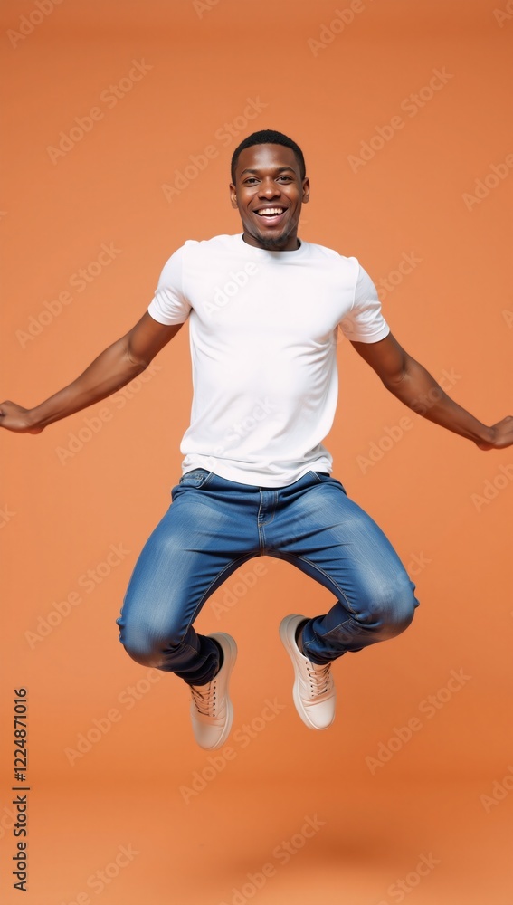 African American youth exudes joy as he leaps midair in white tee and blue jeans against a vibrant peach backdrop African American youth exudes joy as he leaps midair in white tee and blue jeans against a vibrant peach backdrop