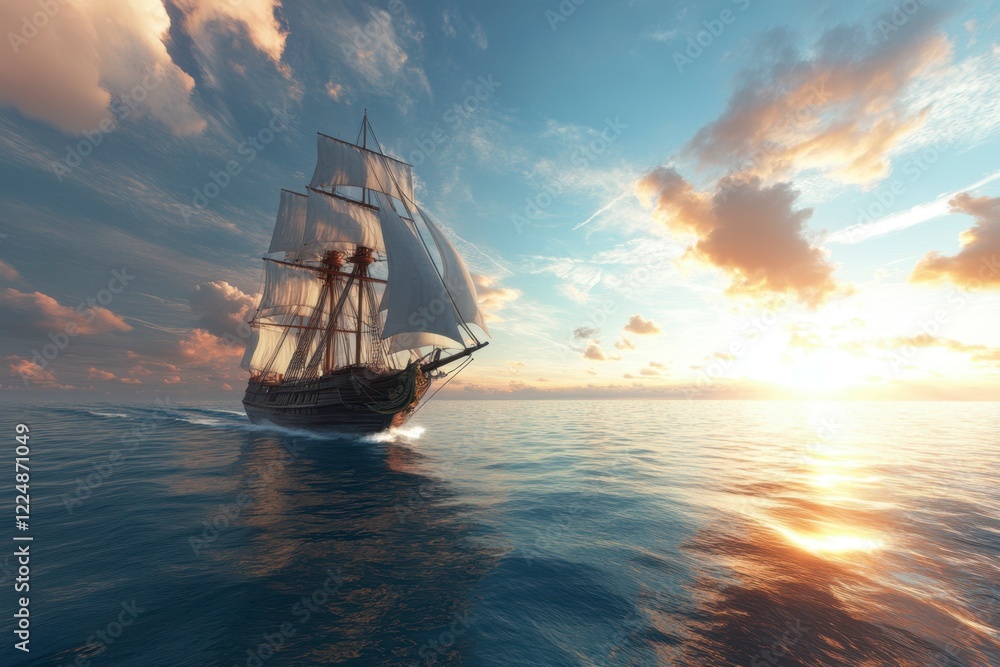 Obraz premium Majestic tall ship sails across tranquil waters under a vibrant sunset sky with colorful clouds reflecting on the ocean. Generative AI