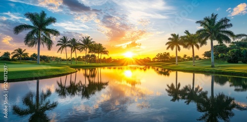 Wallpaper Mural In Coral Springs, Florida, the tranquil lake waters mirror a serene sunset, framed by verdant palm trees and vibrant tropical foliage Torontodigital.ca