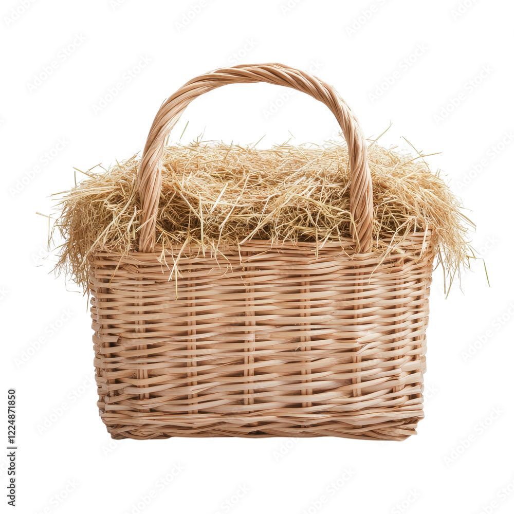 Wicker basket filled with straw against a black background. Wicker basket filled with straw against a black background.