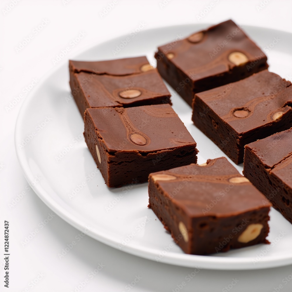 Isolated plate of raw vegan brownie dates nuts cacao showcasing a healthy dessert choice on a pristine white backdrop Isolated plate of raw vegan brownie dates nuts cacao showcasing a healthy dessert choice on a pristine white backdrop