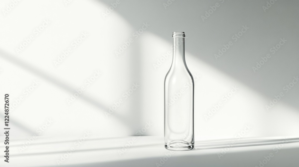 A clear glass bottle stands alone on a white surface with light and shadow A clear glass bottle stands alone on a white surface with light and shadow