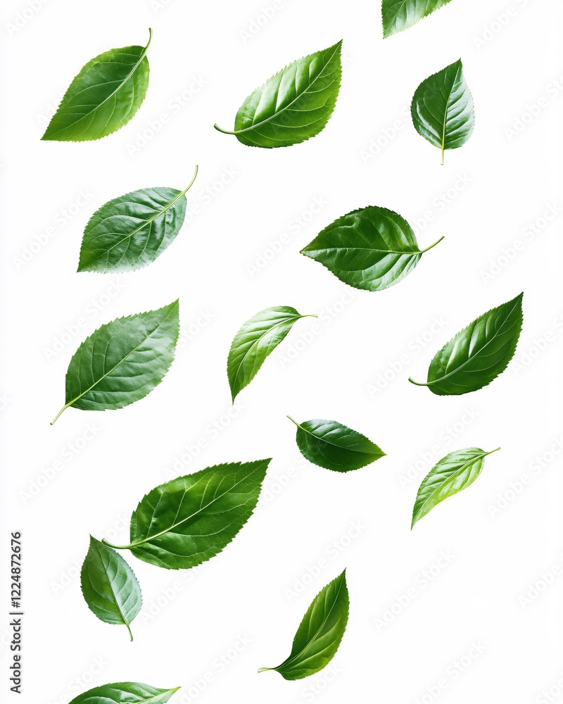 Lush green leaves floating on a clean white background creating a fresh and natural pattern Lush green leaves floating on a clean white background creating a fresh and natural pattern