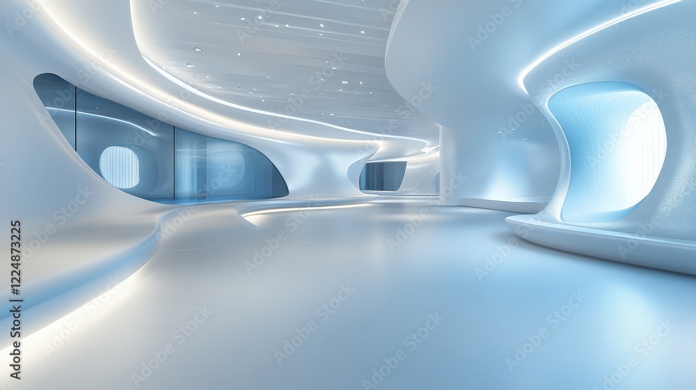 Modern architectural interior showcasing fluid design and soft lighting in a spacious environment Modern architectural interior showcasing fluid design and soft lighting in a spacious environment