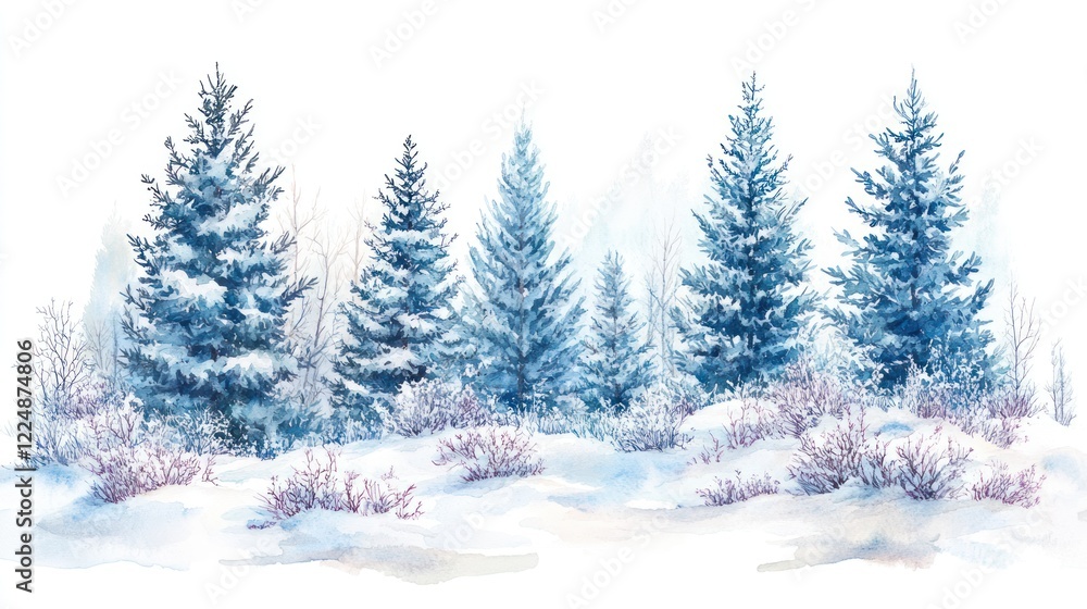 Watercolor painting of snow-covered pine trees in winter forest. Watercolor painting of snow-covered pine trees in winter forest.