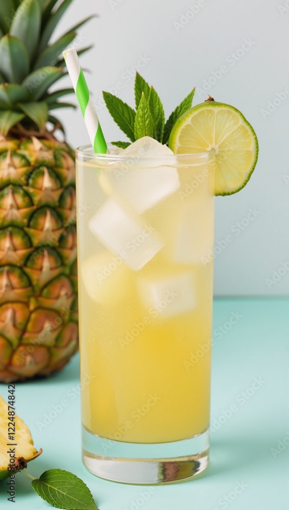 A refreshing pineapple cocktail served over ice cubes with sliced fruit for a summer drink A refreshing pineapple cocktail served over ice cubes with sliced fruit for a summer drink