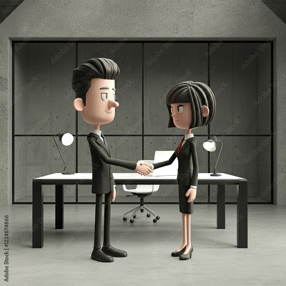 Fototapeta premium Cartoon Businessmen Shaking Hands in Professional Suits in a 3D Style, Symbolizing Partnership