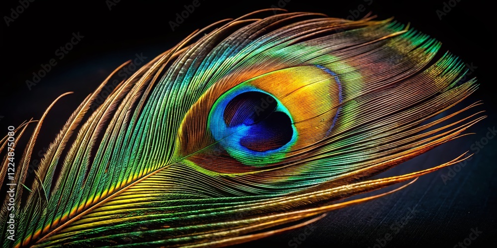 Obraz premium Peacock Feather Macro Photography: Intricate Details on Black Background