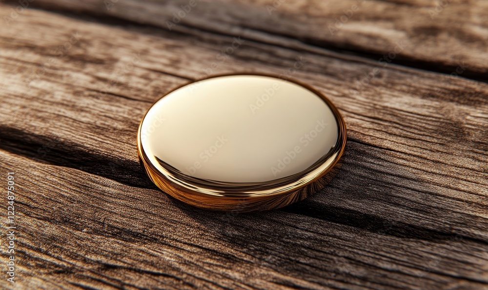 Golden Metal Pin Badge Button Mockup on Rustic Wooden Table - Round Minimalist Brooch Design Template for Branding and Marketing Resources, Generative AI Golden Metal Pin Badge Button Mockup on Rustic Wooden Table - Round Minimalist Brooch Design Template for Branding and Marketing Resources, Generative AI