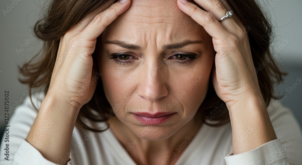 Fototapeta premium Stressed woman holding head in frustration at home