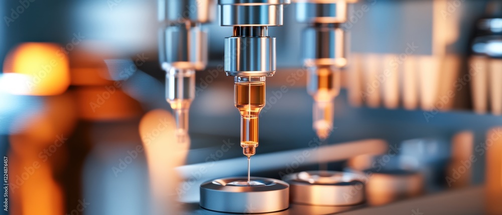 A close-up of a precision liquid dispensing system with syringes, showcasing the intricate mechanics and vibrant lighting in a laboratory setting. A close-up of a precision liquid dispensing system with syringes, showcasing the intricate mechanics and vibrant lighting in a laboratory setting.