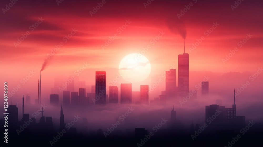 A breathtaking city skyline at sunset, enveloped in fog, with silhouetted buildings and rising smoke, creating a dramatic, atmospheric scene. A breathtaking city skyline at sunset, enveloped in fog, with silhouetted buildings and rising smoke, creating a dramatic, atmospheric scene.
