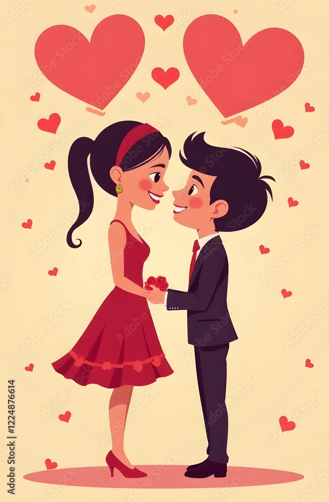 The illustration shows a couple in love, a guy and a girl looking at each other, the girl is taller than the guy, and hearts are depicted around them on a yellow background. valentine's day The illustration shows a couple in love, a guy and a girl looking at each other, the girl is taller than the guy, and hearts are depicted around them on a yellow background. valentine's day