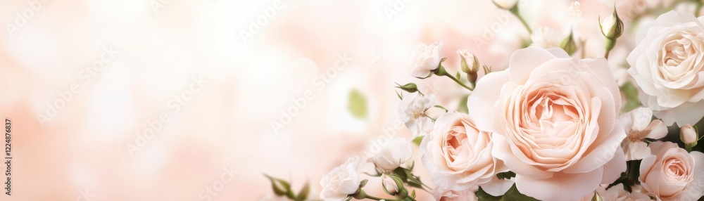 A soft, blurred background features delicate pink roses and flowers, creating a serene and romantic atmosphere. A soft, blurred background features delicate pink roses and flowers, creating a serene and romantic atmosphere.