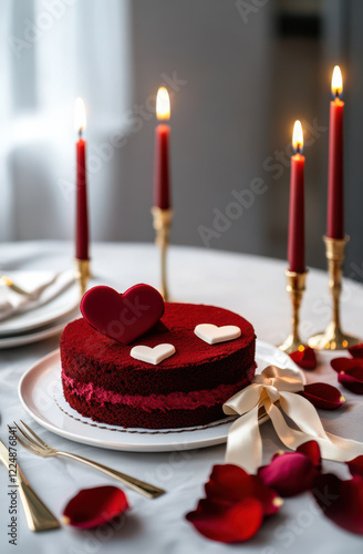 A delicious Valentine day romantic love cake decorated with hearts