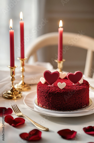 A delicious Valentine day romantic love cake decorated with hearts