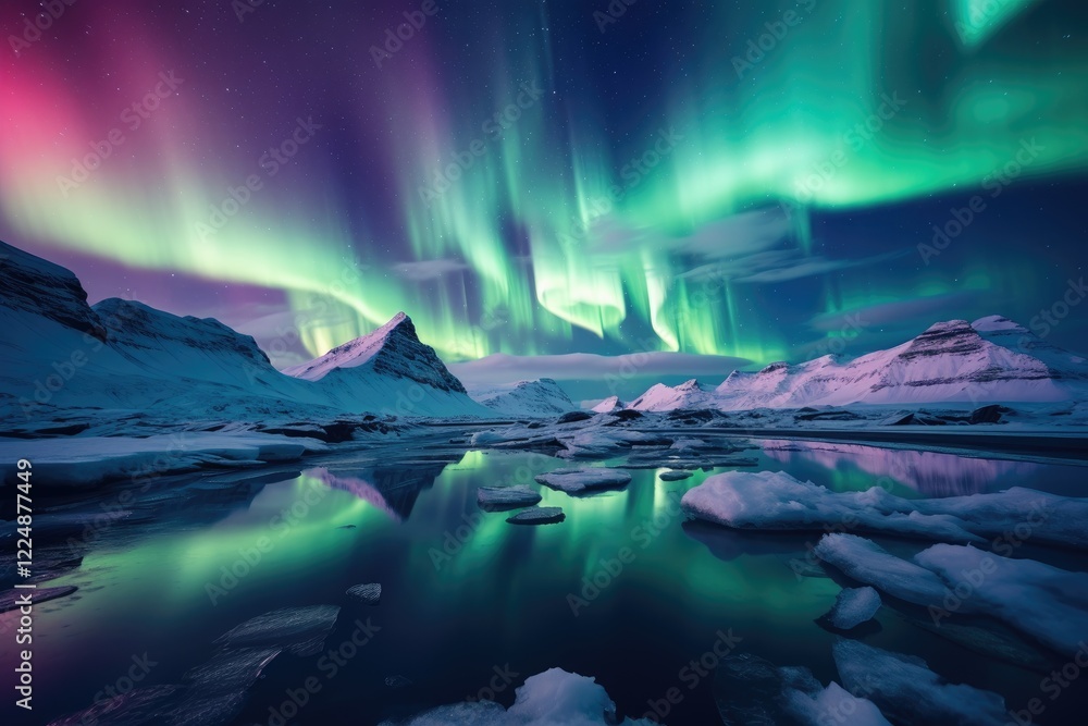 Naklejka premium beautiful polar lights in mountain winter landscape