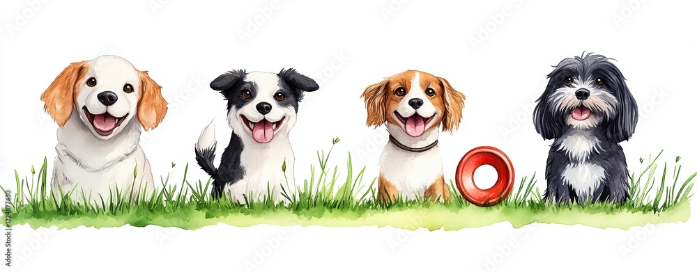 Obraz premium Happy Dogs in Watercolor Style Collection Enjoy adorable dogs playful in garden