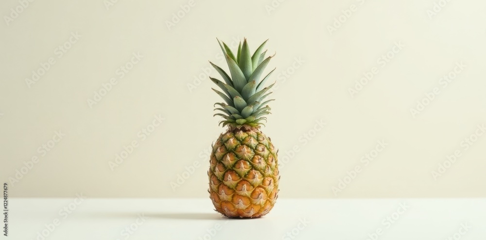 A single ripe pineapple stands on a pristine white surface against a muted beige backdrop, showcasing its vibrant yellow and green hues in a simple yet striking still life composition. A single ripe pineapple stands on a pristine white surface against a muted beige backdrop, showcasing its vibrant yellow and green hues in a simple yet striking still life composition.