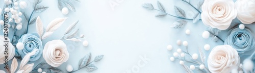 A soft, elegant floral arrangement featuring pale roses and delicate greenery on a light blue background.