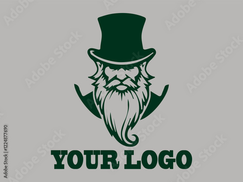 This leprechaun vector illustration features an old dwarf with a beard, a prankster leprechaun the gold pot fairy, an Irish dwarf guarding treasure, green and a leprechaum logo background