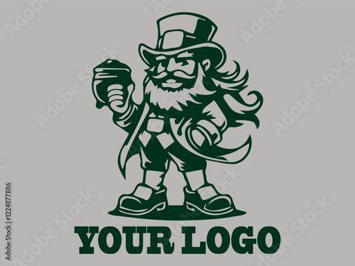 This leprechaun vector illustration features an old dwarf with a beard, a prankster leprechaun the gold pot fairy, an Irish dwarf guarding treasure, green and a leprechaum logo background