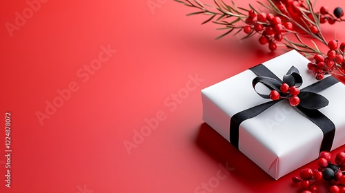 Festive Gift Box with Red Berries and Black Ribbon on Red Background