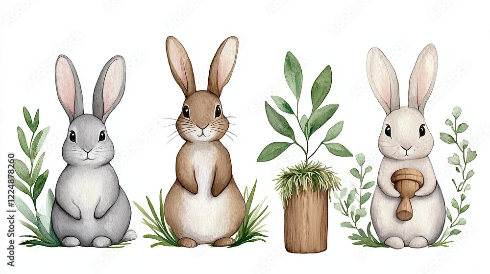 Fototapeta premium Playful Watercolor Rabbits Collection Cute rabbits standing on grass plants