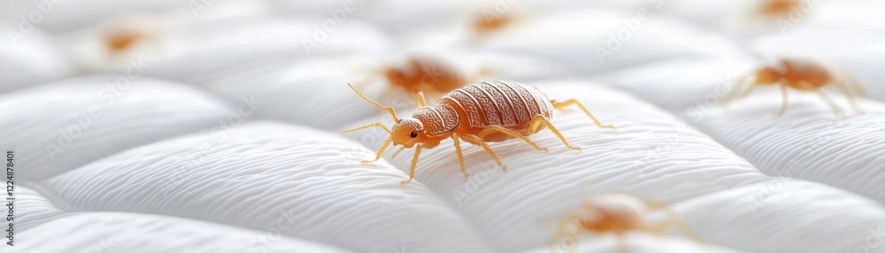 A close-up of bed bugs on a white mattress, illustrating their brownish color and distinctive shape, highlighting an infestation issue. A close-up of bed bugs on a white mattress, illustrating their brownish color and distinctive shape, highlighting an infestation issue.