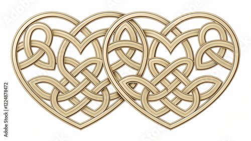 A digital rendering shows two golden hearts, each with an intricate Celtic knot design filling their centers. The hearts are positioned side-by-side, appearing as if they are slightly overlapping. photo