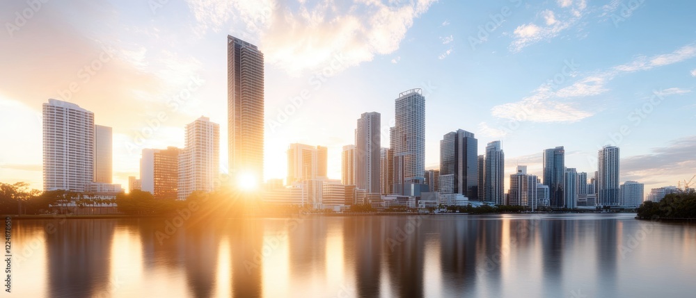 Obraz premium A beautiful skyline at sunrise, featuring modern buildings reflecting on a calm river, creating a serene urban landscape.