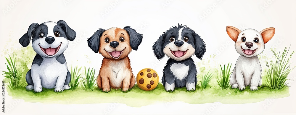 Obraz premium Happy Dogs Watercolor Collection Cute dogs playful on grass garden