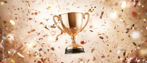 A shiny golden trophy surrounded by colorful confetti, symbolizing celebration and achievement.