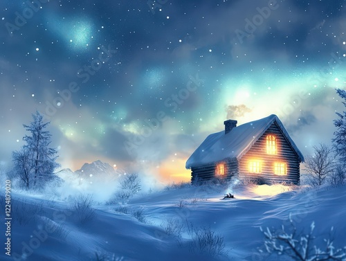 A remote Nordic cabin surrounded by snowy tundra, with the aurora borealis shimmering in the night sky. photo