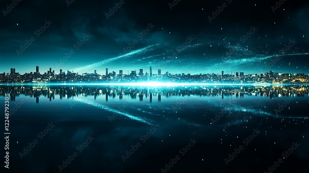 Fototapeta premium Night City Skyline Reflected in Calm Waters