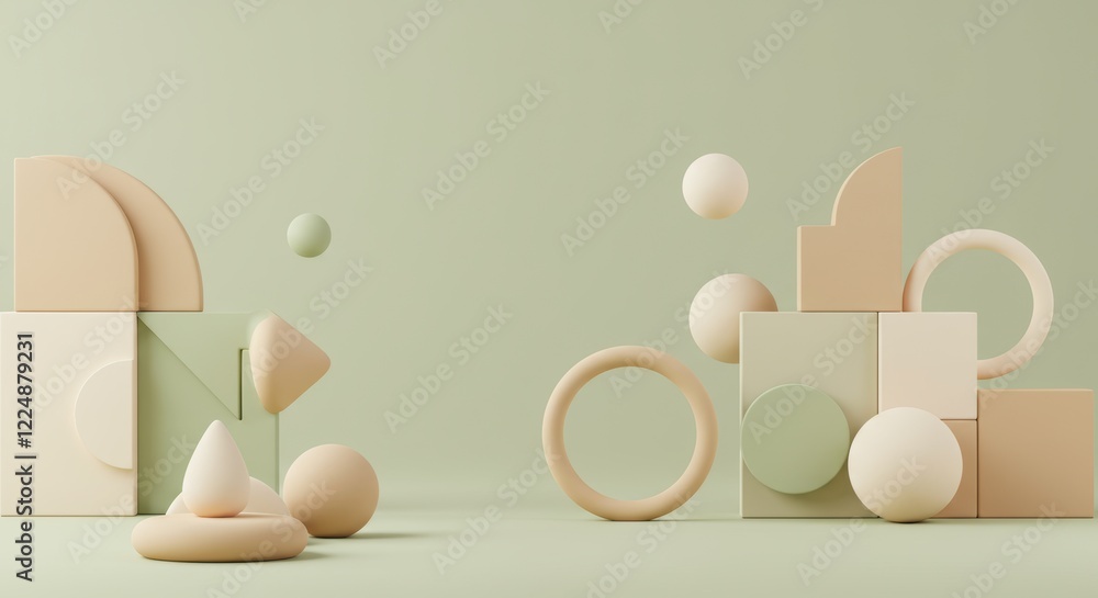 Fototapeta premium Minimalist geometric forms on soft green background: modern abstract art