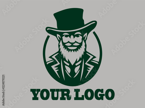 This leprechaun vector illustration features an old dwarf with a beard, a prankster leprechaun the gold pot fairy, an Irish dwarf guarding treasure, green and a leprechaum logo background