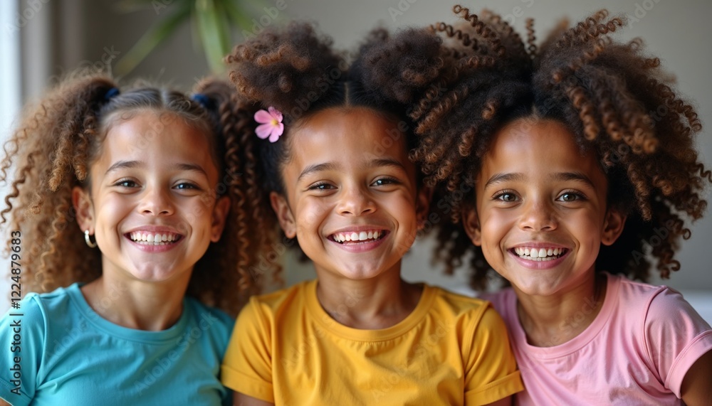 Obraz premium Three joyful triplet girls with curly hair smiling together, showcasing their vibrant personalities 